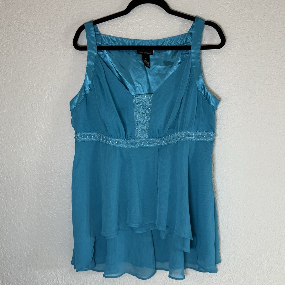 Y2K Lane Bryant Size‎ 16 Beaded Sleeveless Blouse Blue Ruffles Fairy Coquette